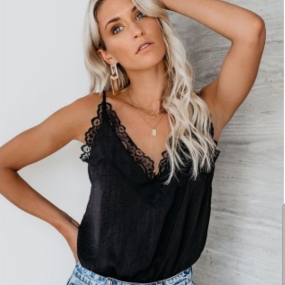 Satiny Dark Romance Black V chic Lace tank - Picture 3 of 4